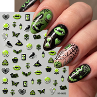 Autocollants 5D en relief pour ongles Halloween : Chapeau de sorcière, chauve-souris, main squelette, corbeau – Décorations gothiques vertes pour manucure DIY