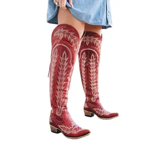 Bottes western rouges orteils carrés talons botte haute pour dames bout pointu broderie cuisse haute romain knig vache fille bottes