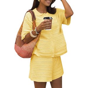 Ensemble crocheté 2 pièces pour femmes, cardigan en tricot, shorts, col Peter Pan, tenue décontractée de plage, respirant, vêtements de vacances - Product Image 1