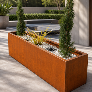 Jardinière rectangulaire moderne en acier Corten pour extérieur, conteneur de plantes de jardin au design minimaliste pour fleurs et plantes vertes - Product Image 2