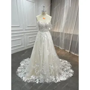 Supplier Princess Sweetheart Champagne Off Shoulder Wedding Dress Elegant Appliqued Bridal Scalloped Train Beach Gown With Veil