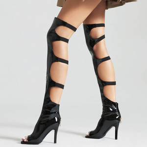 Botas Largas de Tacón Alto con Punta Abierta y Corte Trasero para Mujer, Tallas Grandes 46, de Verano, con Cremallera y Diseño de Charol, Estilo Over-the-Knee - Product Image 3