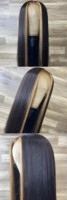 Perruques lisses noires avec mèches blond miel, perruques brésiliennes en cheveux humains vierges pré-plumées avec fermeture frontale en dentelle 13x4