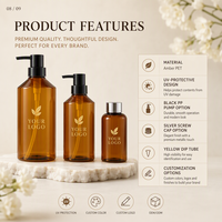 Bouteille de lotion en PET ambré anti-UV 500 ml avec bouchon à vis argenté et tube jaune, rechargeable, pour shampoing, gel douche, usage en salon