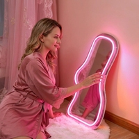 Miroir mural en verre HD sans cadre, LED néon rose à intensité variable, silhouette corporelle moderne et créative, pour chambre à coucher, dortoir, décoration esthétique de la maison