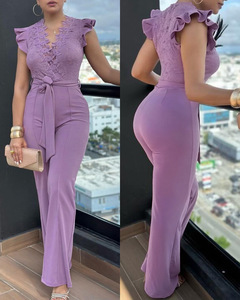 Nouvelle combinaison pantalon large pour femme avec panneaux en dentelle et taille à nouer – Tendance - Product Image 6