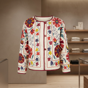 Veste bomber brodée pour femmes, veste en coton à motifs floraux Suzani, veste bohème pour l'automne et l'hiver - Product Image 3