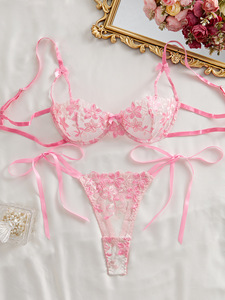 Wholesale Pink Floral Embroidery Lace Lingerie <b>Set</b> <b>Sexy</b> Sheer Mesh Underwire Bra and Tie Side Thong Panties <b>Set</b> <b>Sexy</b> Bra <b>Set</b> - Product Image 3