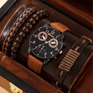 6229 último nuevo reloj de cuarzo de moda para hombre, Conjunto de reloj con cinturón de cuero negro para hombre, conjunto de regalo de pulsera de cuentas Vintage