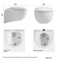Toilette intelligente moderne murale avec chasse d'eau automatique, bidet électronique, siège chauffant inclus, céramique, double chasse, télécommande