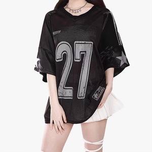 Women's Mesh Patchwork V-Neck Short <b>Sleeve</b> T-<b>Shirt</b> Summer Loose <b>Half</b> <b>Sleeve</b> Sporty Hiphop Jersey Style Top - Product Image 1