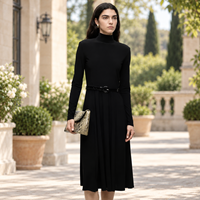 Robe midi décontractée pour femme, col montant, manches longues, noire unie avec ceinture, vente en gros personnalisée
