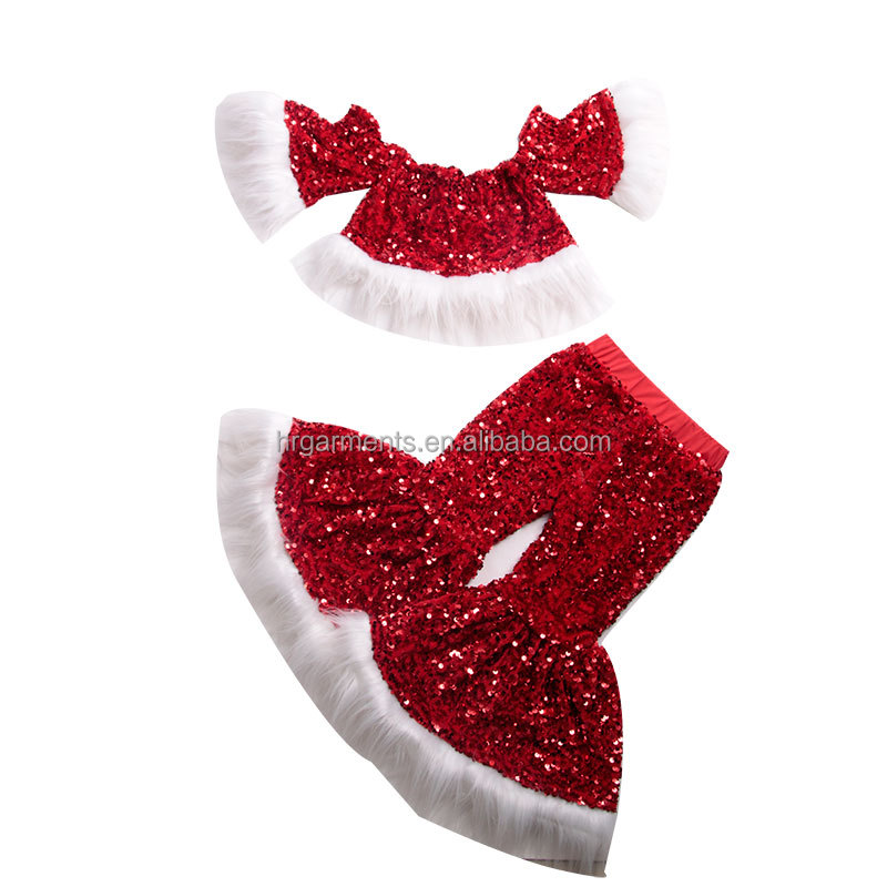 Бутик для девочек, костюм с блестками на Рождество, Детские наряды, красный костюм с открытыми плечами для маленьких девочек, осенне-зимняя одежда
