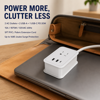 Nouvelle multiprise intelligente compacte 15A avec 1 port USB-A + 2 ports USB-C PD20W QC3.0 à charge rapide et protection contre les surtensions