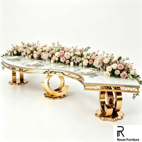 Nouvelle table de banquet de luxe en acier inoxydable doré en forme de S, avec plateau en verre haut de gamme et base ajourée, pour mariage