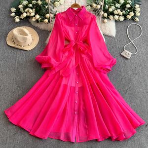 Abito Lungo da Donna Autunno 2025, Stile <span class=keywords><strong>Palazzo</strong></span>, Colletto a Risvolto, Monopetto, con Cintura in Vita e Maniche a Lanterna - Product Image 3