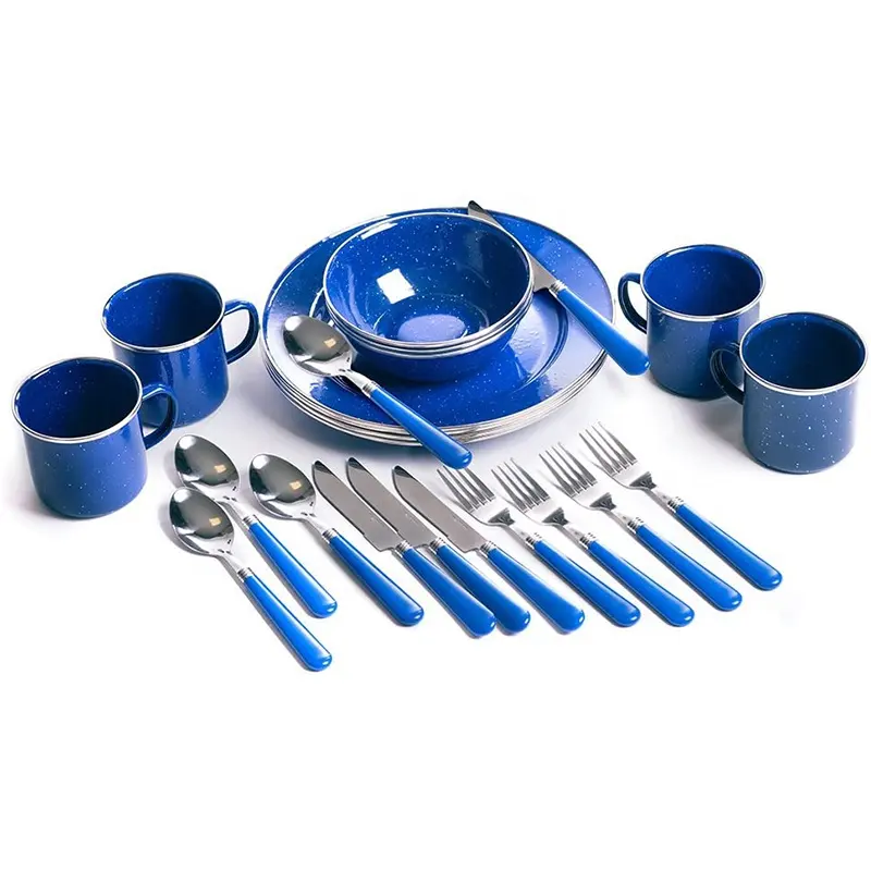 High Quality Durable 24 Pieces Enamel Tableware Set-Enamel Camping mug,bowl and plate