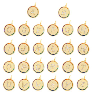 Breloques rondes dorées avec initiales et bordure en pierres précieuses arc-en-ciel, pendentifs lettres A B C, bijoux - Product Image 2