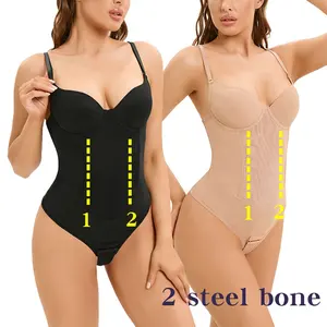 7051 Steel Boned Thong Bodysuits Shapewear for Women Tummy Control Thong Bodysuit Backless Body Shaper with Built in Bra