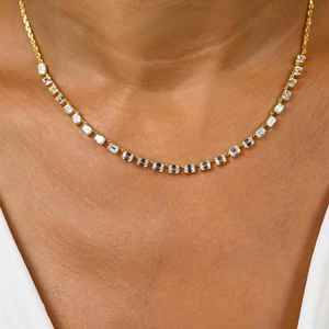 Collar de media cadena con diamantes de moissanita de corte esmeralda, plata de ley 925 chapada en oro, regalo de compromiso y boda para amantes - Product Image 4