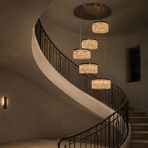 Round Crystal Multi Tier Pendant <b>Light</b> Black Frame Long <b>Chandelier</b> For Duplex Stairwell Villa Hall Lighting - Product Image 2