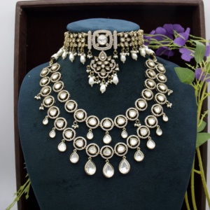 Luxury Uncut Brass Moissanite Vintage Gold Plated <b>Bridal</b> Set Designer Broad Choker Layered Long Necklace & <b>Drop</b> <b>Earrings</b> Wedding - Product Image 4