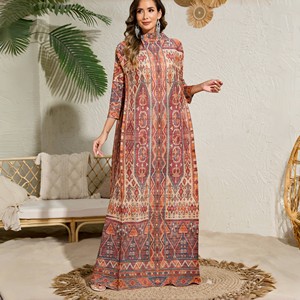 Abito lungo plissettato alla moda stampato alla moda tradizionale Muslim Dubai Plus Size piega abiti eleganti da donna - Product Image 1