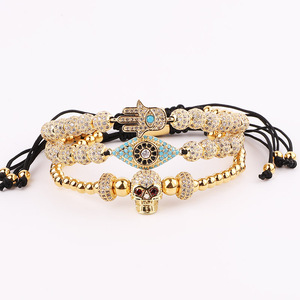 Cho Thuê Trang Sức Thiết Kế Mới Sang Trọng CZ Pave 18 Mạ Vàng Skull Eye Tay Charms Phụ Nữ Đàn Ông Macrame Điều Chỉnh Vòng Đeo Tay - Product Image 6