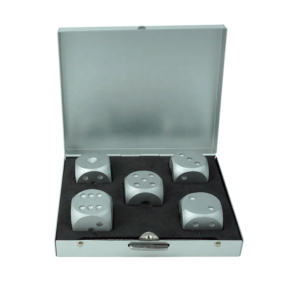 Wholesale aluminum alloy silid dice set 16mm 6d 5pcs metal dices with travel case box for drink or table game dice