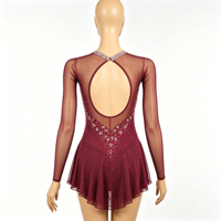 Robe de patinage artistique bordeaux à manches longues en maille, ornée de strass faits à la main, dos ouvert, pour filles adultes, compétition et spectacle sur glace