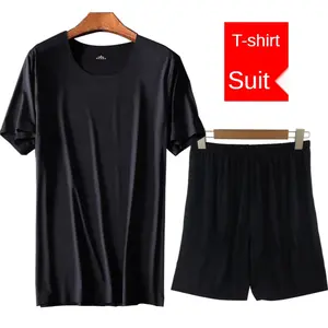 Traje de seda de hielo para hombre, camiseta sin costuras, conjunto de 2 piezas de secado rápido, transpirable, conjunto de pantalones cortos y top corto de verano