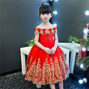 E2woo Nuevo Vestido Largo de Fiesta para Niñas, con Bordado de Flores Rojas, Estilo Princesa, de Un Solo Hombro, para Primavera y Verano - Product Image 2