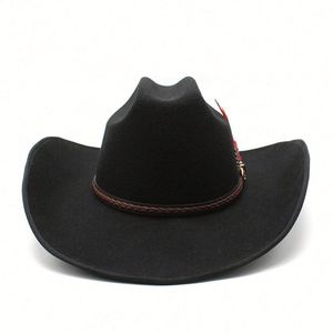 Chapeau de cowboy occidental style tibétain à bord frisé de 9,5 cm avec plumes – Vente en gros - Product Image 5