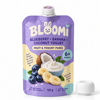 Pochette à bec verseur personnalisée, refermable et réutilisable pour aliments pour bébés, 120g, purée de myrtille, banane et yaourt à la noix de coco