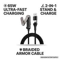 Cable de Datos Trenzado 2 en 1 de Carga Rápida Premium de 65W, USB A/Tipo-C, con Soporte Plegable Triple para iPhone 17