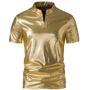 Men's solid color glossy short sleeved T-shirt men's nightclub party Henry collar POLO shirts