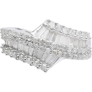 Anillo de plata de ley 925 con diamantes blancos naturales, corte redondo y baguette, para mujer, talla 7 - Product Image 1