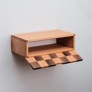 Consola de entrada estrecha Estante de almacenamiento colgante para pasillo con patrón a cuadros Gabinete de almacenamiento flotante de nogal y madera de haya - Product Image 1