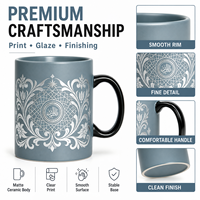 Taza de Cerámica Azul Grisácea con Patrón Islámico, Impresión Blanca, Asa Negra, 350 ml, Apta para Microondas, Personalizable OEM ODM, Caja de Regalo para Café/Té, Venta al Por Mayor
