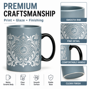 Mug en céramique bleu gris à motif islamique, impression blanche, anse noire, 350 ml, compatible micro-ondes, personnalisable OEM ODM, pour café et thé, coffret cadeau, vente en gros - Product Image 4