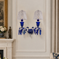Lampu Dinding Kristal Biru Kobalt Mewah Gaya Prancis 2 Kepala, Lampu Dinding Vintage untuk Villa, Kamar Tidur, Lorong, Lobi Hotel