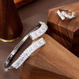 Square Design <b>Cubic</b> <b>Zirconia</b> White <b>Gold</b> Color Cuff Bangle Bracelet <b>Ring</b> Set for Women Fashion Jewelry Set S-400 - Product Image 4