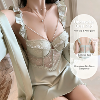 Gui Ruo – Nuisette en satin transparent respirant à col en V profond, avec coussinets intégrés, et robe de chambre assortie, pour grandes tailles – Collection Allure