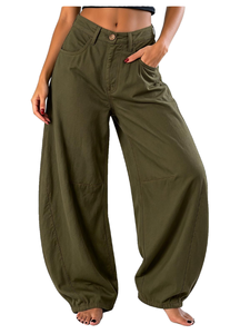 Pantalon Harem Femme Taille Haute Ample en Toile Couleur Unie Décontracté Jambe Large Longueur Entière avec Poches et Fermeture Boutonnée - Product Image 1