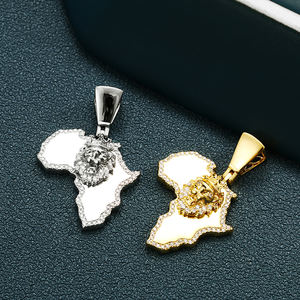 Iced Out 18K liontin Hiphop pria, berlapis emas kuningan Bling singa <span class=keywords><strong>King</strong></span> Mahkota peta Afrika perhiasan AAAAA zirkon - Product Image 5