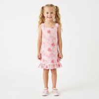 Robe d'été rose tie-dye en maille pour filles, broderie cordonnée, col carré ondulé, sans manches, ourlet à volants, style décontracté, ODM