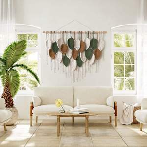 Decoración de Pared Estilo Boho Chic Personalizada, Tapiz de Arte Hecho a Mano con Hojas Tejidas de Algodón y Borlas para Dormitorio o Sala de Estar - Product Image 6