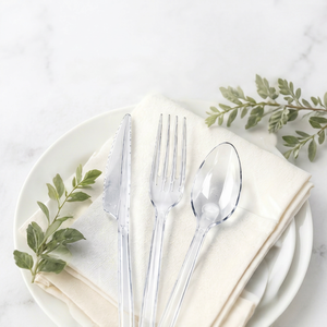 Juego de Cubiertos Desechables de Plástico Transparente, Tenedor, Cuchara, Cuchillo, Estilo Simple Blanco para Fiestas, Restaurantes y Comida para Llevar - Product Image 1