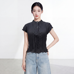Women's Casual Eco-Friendly Slim Fit 100% Polyester Stand Collar <b>Top</b> Customizable Breathable <b>Cap</b> <b>Sleeve</b> Shirt Bulk Wholesale - Product Image 3