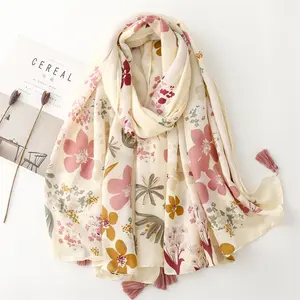 Beige Summer Scarves Floral Pattern Cotton Viscose Head Wrap Beach Shawls Hijabs For Ladies